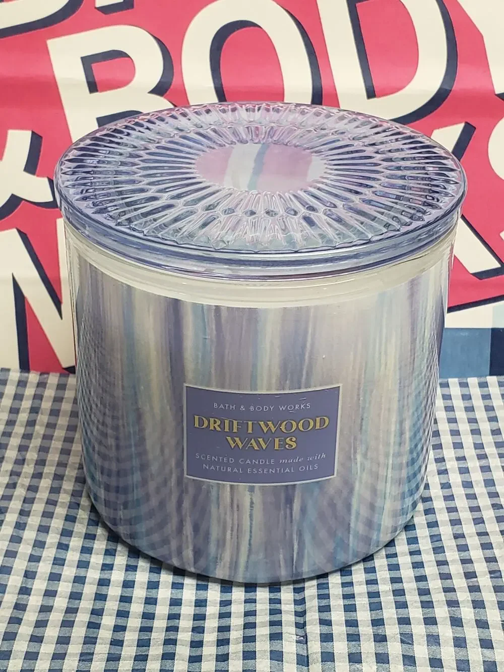 BBW Driftwood Waves Glass Decorative Lid Large 3 Wick 14.5oz Candle